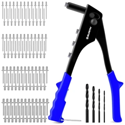 Bild av BLOSTM Pop nitpistolset 100 st nitar i 4 storlekar (2,4 mm 3,2 4,8 mm), popnitar med nitmunstycken för metall, plast, bilreparationer (blå)