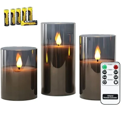 Bild av Rhytsing 3 flimrande flamlösa blockljus led med fjärrkontroll och timer, dekorativ grå glas ljuslyktor varmt vit ljus, höjd 10/12,5/15 cm, batterier ingår