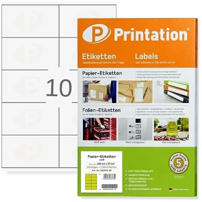 Bild av Printation Universella etiketter 105 x 57 mm 1 000 etiketter, självhäftande, vita, tryckbara på 100 A4 ark à 2 5 adressetiketter 10 per 3425 4425 självhäftande