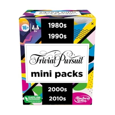Bild av Trivial Pursuit minipaket, multipack, roliga frågor för vuxna och ungdomar 16 år äldre, innehåller 4 spel som spänner över decennier, språk engelska