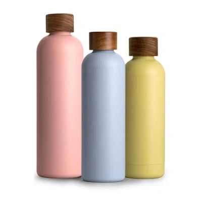 Bild av T&amp;N rostfri stål dricksflaska 1L, 750ml, 500ml, termosflaska med akaciaträlock, flaska 1 liter, isolerad vattenflaska läckagesäker kolsyra lämplig, isoleringsflaska 1000ml