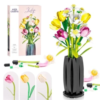Bild av Euakee blommor byggstenar byggsats, byggleksaksset med vas, gör det själv växt bukett dekoration, idé presenter till alla hjärtans dag födelsedagar mors (tulpan)