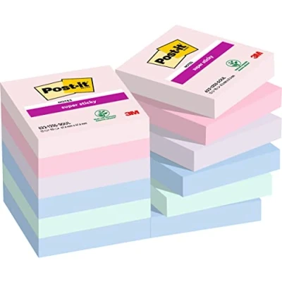 Bild av Post it Super Sticky Notes Soulful färgsamling, paket med 12 dynor, 90 ark per dyna, 47,6 mm x mm, rosa, lila, grön, grå, blå extra klisterlappar för anteckningar och att göra listor