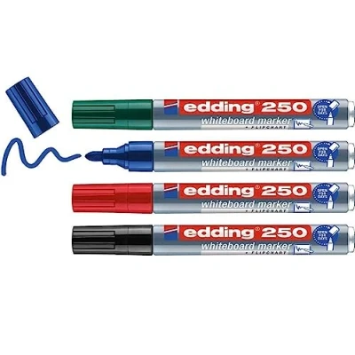 Bild av edding 250 Whiteboardmarkerset färgglada färger 4 whiteboardpennor rund spets 1,53 mm kan torkas av brädan för whiteboard, flippchart, magnettavla, memoboard sketchnoter påfyllningsbar