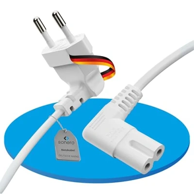 Bild av Sonero strömkabel 2 stifts strömkabel, 0,50 m, Eurokontakt typ C till IEC uttag C7 Europlug 8, 90 vinkelkabel för TV, PS5, PS4, PS3, vit
