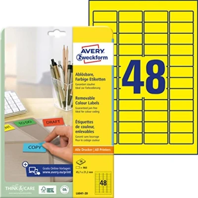 Bild av AVERY Specialform L6041 20 färgade etiketter (A4, 960 stycken, avtagbar, 45,7 x 21,2 mm, ark) gul