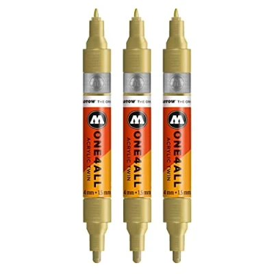 Bild av Molotow One4All Acrylic Twin Marker (linjetjocklek 1,5 mm och 4 mm, hög täckning permanent), 3 st. färg 228 metallic guld