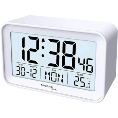 Bild av technoline WT497 modern, digital väckarklocka, inomhustemperatur, datum, veckodag, larm och snooze, vit