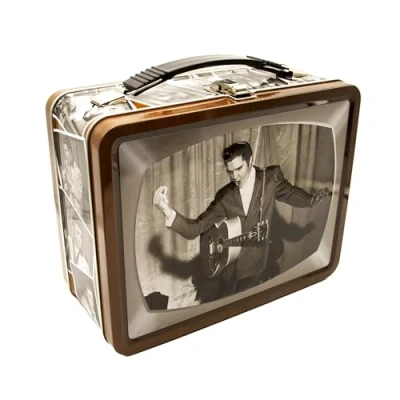 Bild av AQUARIUS Elvis TV Fun Box robust förvaringsbox i tenn med plasthandtag och präglat framsidesskydd officiellt licensierad vara samlargåva