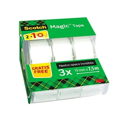 Bild av Scotch Magic tejp, kampanjpaket, 2 rullar på handhållen dispenser + 1 GRATIS, 19 mm x 7,5 m klibbig tejp för dokumentreparation, märkning och tätning