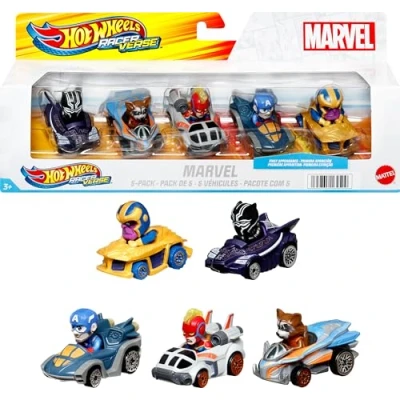 Bild av Hot Wheels RacerVerse, set med 5 Marvel metallbilar, optimerade för kretsar, drivna av berömda karaktärer, present barn och samlare, HPN40