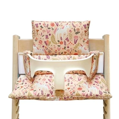 Bild av Blausberg Baby sittdyna set tvättbart kompatibelt med Tripp Trapp Stokke barnstol enhörning häst rosa persika material Oeko TEX certifierad