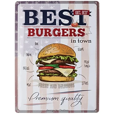Bild av Dodino 30 x 40 cm plåtskylt Burger REcept, dekorativa hemtillbehör, BBQ grillskylt, grillplats, trädgård, bar, köksdekoration, grill
