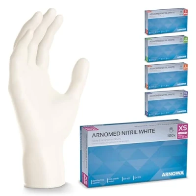 Bild av ARNOMED engångshandskar vit, nitrilhandskar XS, 100 st/låda, puderfria &amp; latexfria, engångshandskar, handskar finns i storlekarna S, M, L XL.