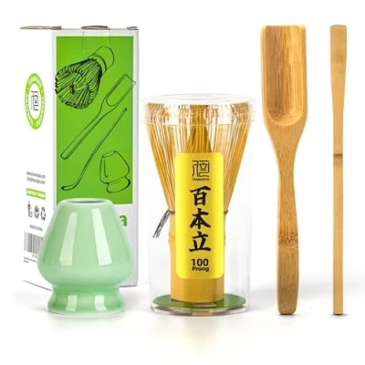 Bild av TEANAGOO Japansk Matcha Ceremoni Tillbehör, Visp (Chasen), Bambu Spade (Chashaku), Tesked, Grön Celadon Visphållare, TG I1, Det perfekta setet för att förbereda en