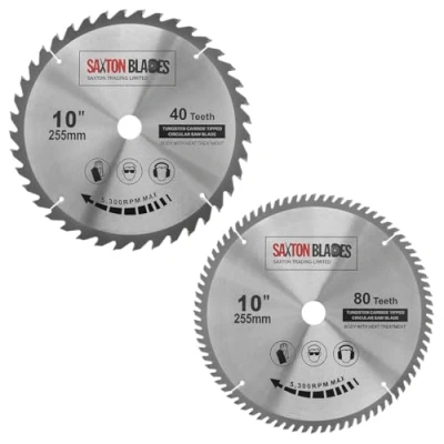 Bild av Saxton TCT cirkulära trä geringssågblad 255 mm x 40 &amp; 80T 25,4 borr passar Evolution Rage Saws (paket med 2)