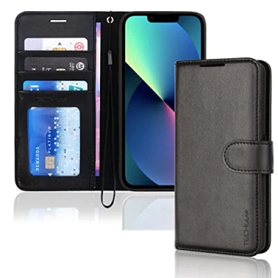 Bild av TECHGEAR iPhone 14 Plus plånboksfodral i läder, flip skyddsfodral med plånbokshållare, stativ och handledsrem svart PU läder magnetisk stängning designad för 6,7 tum