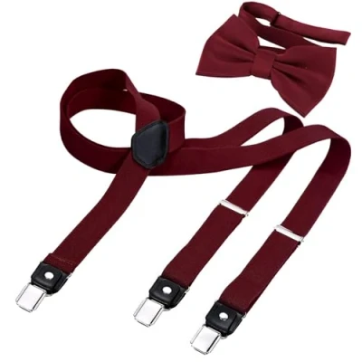 Bild av DonDon herr Y formade smala 2,5 cm hängslen elastiska och justerbara i 2 delat set med matchande fluga 12 x 6 Mörkröd