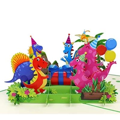 Bild av MOKIO® Popup Kort för barn Grattis på födelsedagen Dino fest med present och ballonger 3D gratulationskort en födelsedag, som kupong eller kontantpresenter