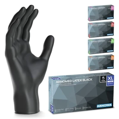 Bild av ARNOMED latex engångshandskar XL, svarta, puderfria, 200 st/ask, engångshandskar, latexhandskar finns i storlekarna XS, S, M, L &amp; XL.