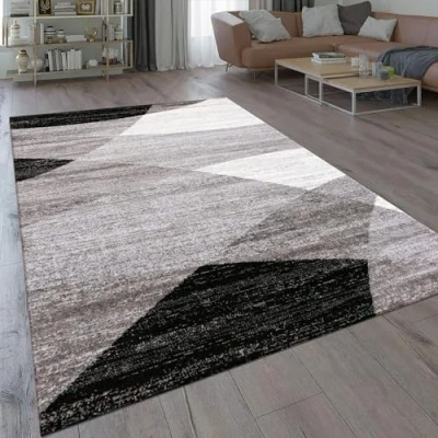 Bild av VIMODA Matta geometriskt mönster melerad i grått vitt svart kort lugg löpare vardagsrum, storlek: 120 x 170 cm