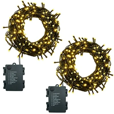Bild av Ljusslinga batteri 2 st 100 lysdioder, 10 m, LED ljuskedja, utomhus och inomhus, med timer, 8 lägen, batteridriven för jul, trädgård, fester, grön kabel, vattentät, varmvit