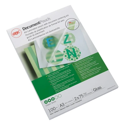 Bild av GBC lamineringsfolier A3 75 mic, robusta lamineringsväskor i 100 pack, glänsande, transparent, perfekt för kontor och skola, 3200745