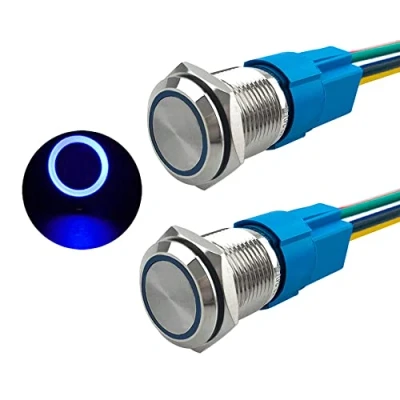 Bild av Aiqeer 2 stycken 16 mm tillfällig tryckbrytare, 12 V/24 V 5 A automatisk tändning startbrytare, IP67 vattentät tryckbrytare i rostfritt stål, med förkopplat uttag (blå LED)