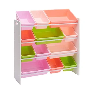 Bild av Amazon Basics Förvaringslösning med 12 st plastlådor, vitt trä rosa lådor, 27,7 D x 85,3 B 79,0 H cm