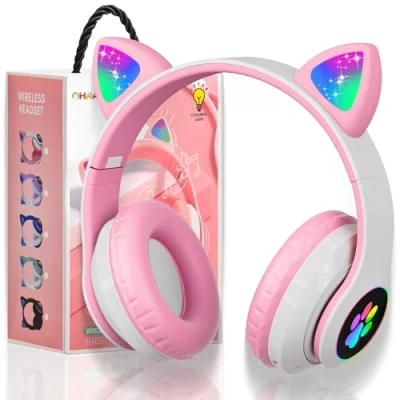 Bild av OHAANYY Trådlösa Bluetooth hörlurar för barn, vikbara katthörlurar med LED blixt lampor, barn 5.0 mikrofon och volymkontroll, kortplats PC/surfplattor/TV (rosa)