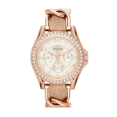 Bild av FOSSIL Riley multifunktionell analog kvarts armbandsur för kvinnor, med ljusbrunt läderband och rosa guld rostfritt stålfodral i presentförpackning, vattentät
