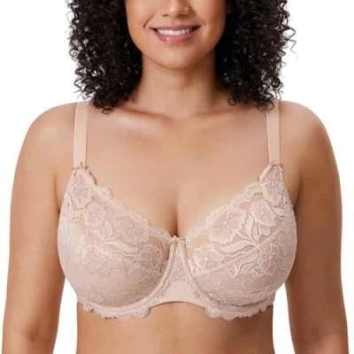 Bild av DELIMIRA Kvinnors Plus Size Bh Heltäckande Ofodrade Bh:ar Med Spets Beige 80J