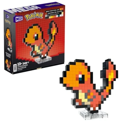 Bild av MEGA Pokémon byggset med actionfigur, Charmander 349 delar och pixlad retrostil, bords eller väggdekor, bygga visa upp leksak för samlare, HTH76