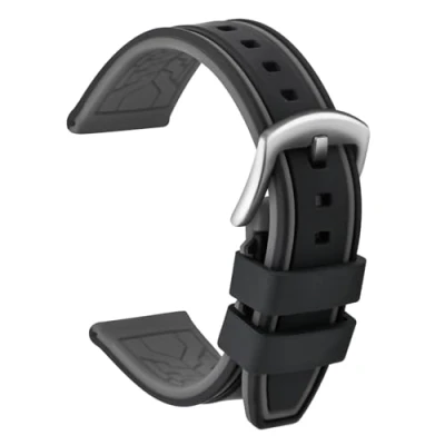 Bild av ULLCHRO silikon klockarmband ersättning gummi vattentät tvåfärgad män kvinnor 20, 22, 24, 26 mm med borstat rostfritt stål spänne silver, Svart och grå, 22mm, armband