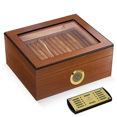 Bild av Slege Cigarrhumidor, Humidor cigarrer Spansk Cedar, med Digital hygrometer, INOX luftfuktare,Separator, Kubanska Cigarrtillbehör, gåva till män, Manuell (brun)