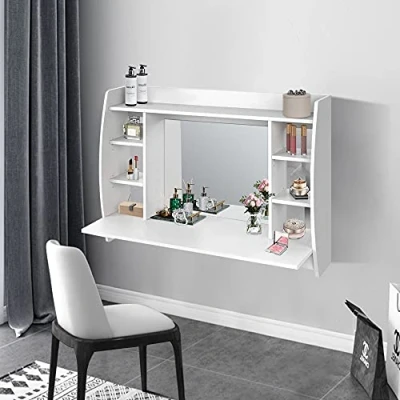 Bild av ML Design Vitt Sminkbord, sminkbord med spegel och 6 hyllplan, 110 x 75 48,5 cm, kosmetikabord för damer flickor, MDF trä, väggbord