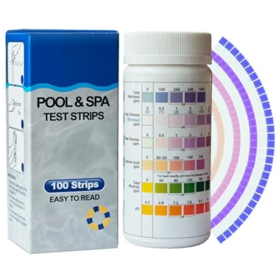 Bild av 100 stycken pooltestare, vattentestare, 7 i 1 poolvatten testremsor spa bubbelpool för pH värde, fritt klor, total hårdhet, brom, totalklor, cyanursyra, totalkalinitet
