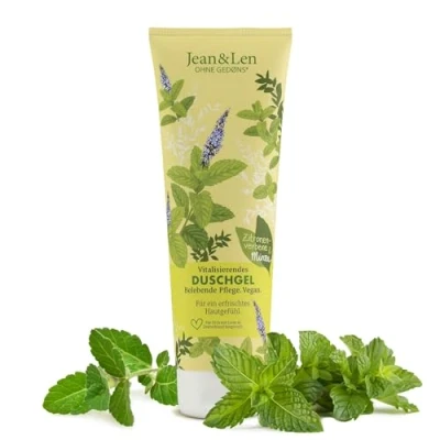 Bild av Jean &amp; Len vitaliserande duschgel citrontrasslig och mynta, mild rengöringsupplevelse, för en märkbart mjuk hudkänsla, fräsch doft, utan mikroplast mineralolja, vegansk duschgel, 250 ml