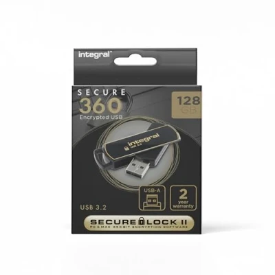 Bild av Integral 128 GB Secure360 256 bitars programvara krypterad 3.0 USB minne fungerande och dubbelpartition, intelligent skydd mot lösenordsattacker 360 graders roterande hölje