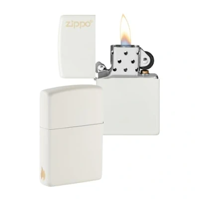 Bild av Zippo logotyp och flammotiv vit matta lasergravering stormtändare, påfyllningsbar, i högkvalitativ presentförpackning, en storlek, 49452 095112