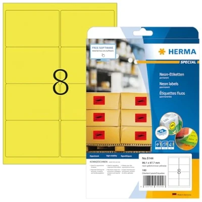 Bild av HERMA 5144 neonetiketter A4 (99,1 x 67,7 mm, 20 ark, papper, matt) självhäftande, utskrivbara, permanenta färgade etiketter, 160 klistermärken, neon gul
