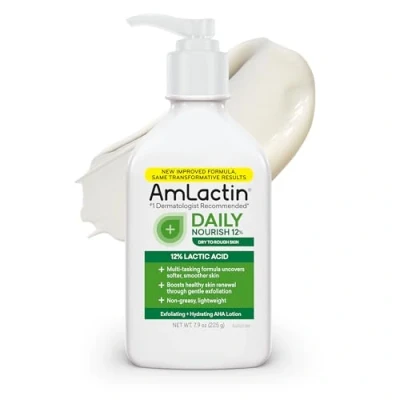 Bild av AmLactin Fuktgivande lotion för torr hud, 225 ml pumpflaska, 2 i 1 exfoliator, kroppslotion med 12 % mjölksyra, rekommenderad hudläkare (förpackningen kan variera)