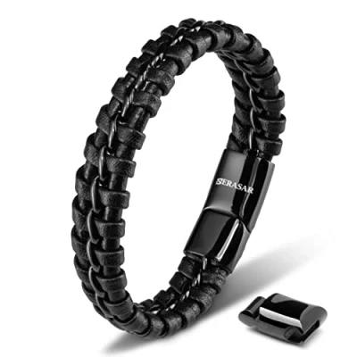 Bild av SERASAR Läderarmband för Män 17cm Flätat Svart Armband Pojkarmband Hanarmband Smyckepresentidé Jubileumspresenter Present till Make, Pojkvän, Vänner