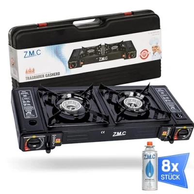Bild av ZMC Camping gasspis 2 lampor med 8 x gaspatroner 227 g, 2,5 KW inkl. adapter för LPG anslutning förvaringsfodral, campingkök, set piezo tändning, utomhus och inomhus