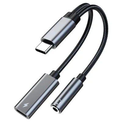 Bild av USB C till 3.5mm Hörlursadapter och Laddning från MMOBIEL 32 Bit/60W 2 i 1 Splitter Mikrofon Aux Audio Jack Adapter Snabbladdning Kompatibel med iPhone 16 15 iPad Air/Pro Galaxy S24 S23 S22