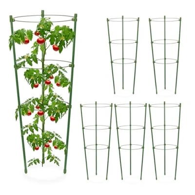 Bild av Relaxdays Spaljé, set om 6, 3 ringar, H x D: 45 18 cm, blommor och växter, metall plast, tomattorn, grönt