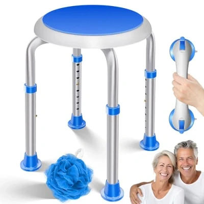 Bild av KESSER® Duschpall justerbar i 8 steg lätt badrumspall, halkfria gummifötter, duschstol kan belastas 136 kg duschstöd seniorer sughandtag, badkarshandtag, duschsits 360 vridbar