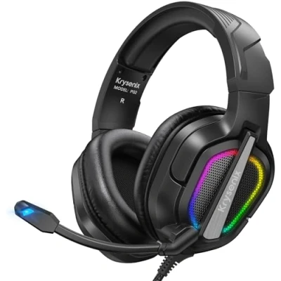 Bild av Krysenix PG2 spelheadset för PS4/PS5/PC/Xbox One, ergonomisk design över örat med AI stereomikrofonljud, datorheadset 3,5 mm uttag och RGB ljussvart