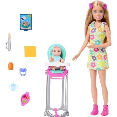 Bild av Barbie Skipper docka och lekset med tillbehör, barnvaktsset måltidstema, lek leksak som ändrar färg, HTK35