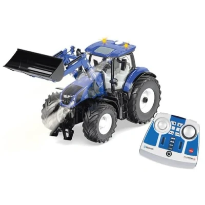 Bild av siku 6798, New Holland T7.315 traktor med frontlast, blå, metall/plast, 1:32, fjärrstyrd, fjärrkontroller ingår, kan även styras mha en app